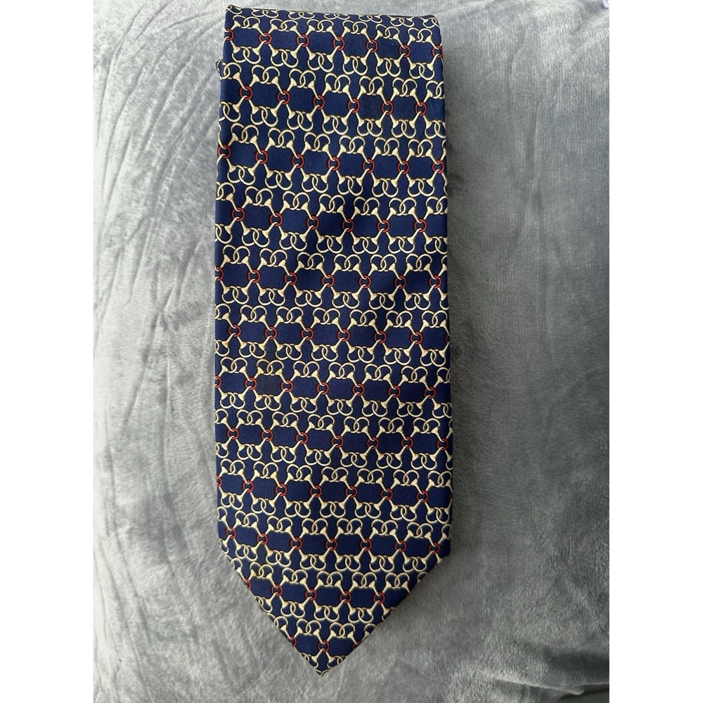 Vintage Fendi Silk Tie 4 Inch Wide Navy Blue Equestrian Chain Print Italy